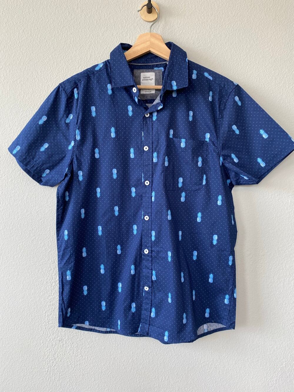 Essex Crossing Men's M Navy Pineapple Stretch Cotton Button Shirt Resort Wear